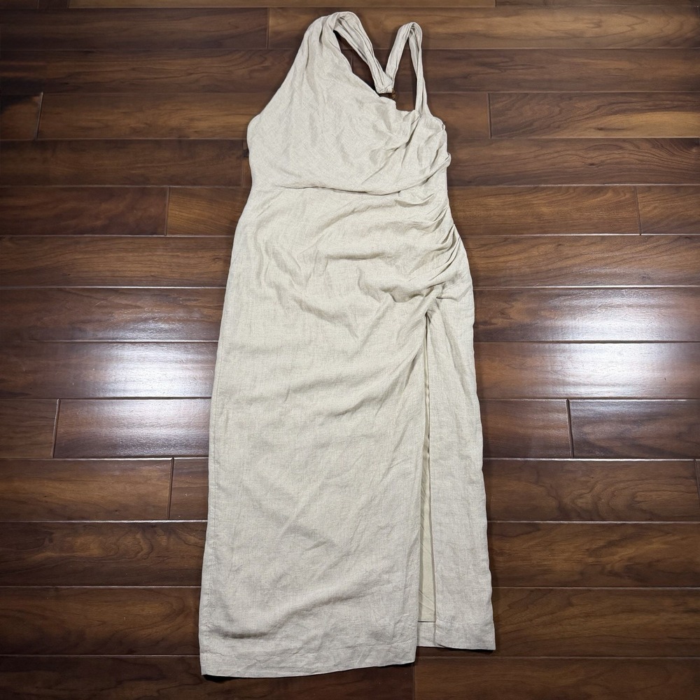 Anthropologie Women's Size XL Neutral Asymmetrical Linen Side Slit Maxi Dress